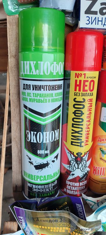 Крупно два аэрозоля дихлофоса: «Эконом» универсальный, 600 мл, и NEO универсальный без запаха