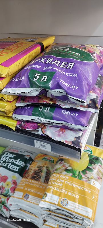 Полка с грунтами в плёнке: фиолетовые пакеты грунта «Орхидея» 5 л TORF.BY, жёлтые пакеты Peter Peat Hobby; ниже Der Wunder Garten, Greenworld для кактусов и бонсай и для тропических (цитрусовых) растений по 5 л; на планке ценник