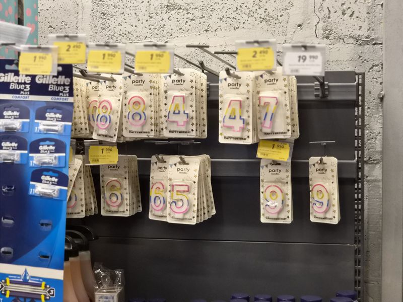 Крючки со свечами-цифрами «Party candles» и наборами бритв Gillette Blue 3 Plus