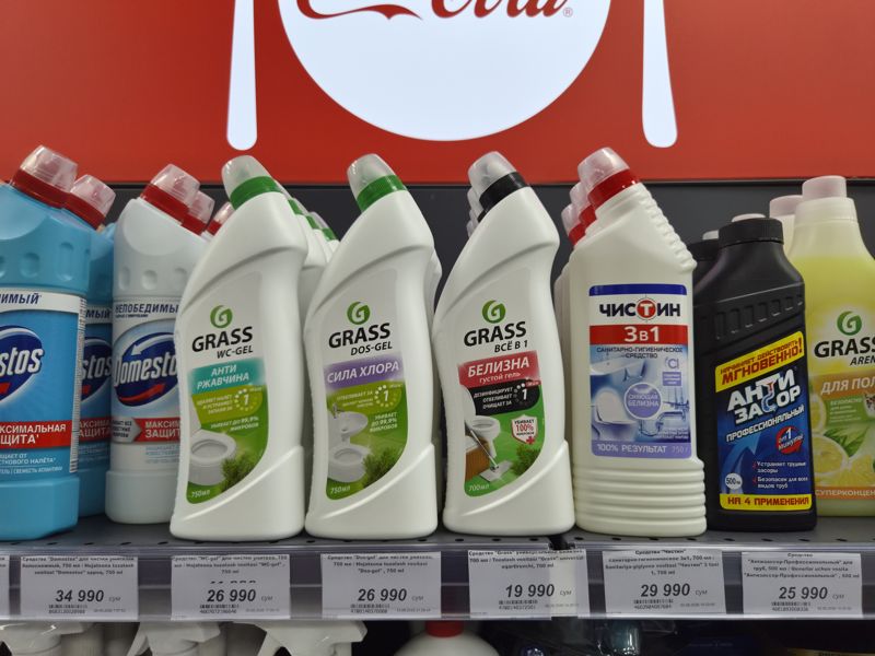 Полка с жидкими средствами для унитаза и труб в супермаркете: Domestos, Grass, Чистин, Антизассор