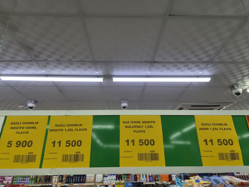 Ценники Flavis под потолком над стеллажами с шампунями и кондитерскими изделиями: мохито 500 мл, мохито 1,25 л, мохито-клубника 1,25 л, гранат 1,25 л; вверху камеры видеонаблюдения и светильники