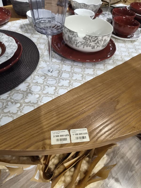 Деревянная столешница на чёрной опоре с ценниками Scandi Home, на столе сервировка: бордовые и белые с цветочным рисунком тарелки и чаши, бокал, плетёная салфетка