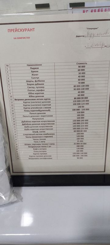 Прейскурант на химчистку одежды (утверждён 5 сентября 2023 г.)